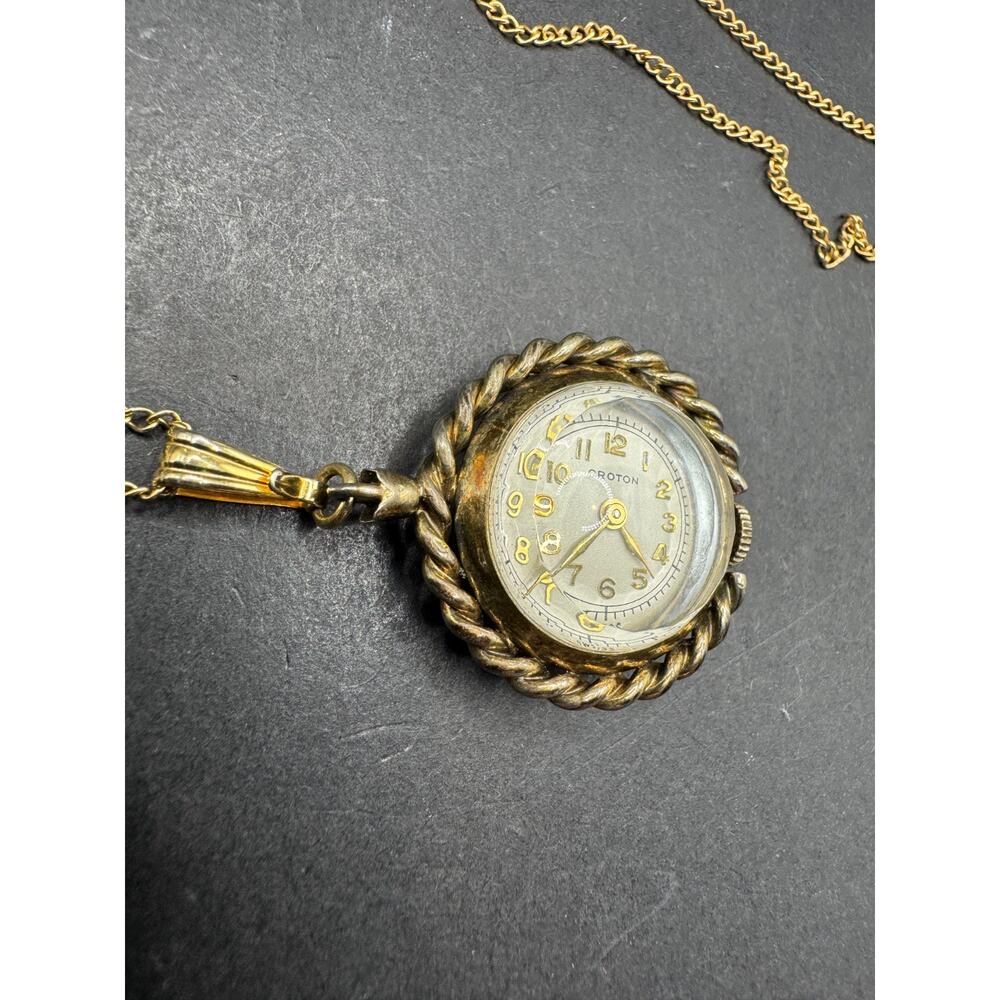 Vtg Croton Ladies12k Gold Filled Ball Watch Pendant Necklace W/ Floral Design - Picture 2 of 10